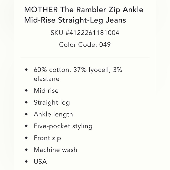 MOTHER The Rambler Zip Ankle Mid-Rise Straight-Leg Jeans NWT - Picture 5 of 6